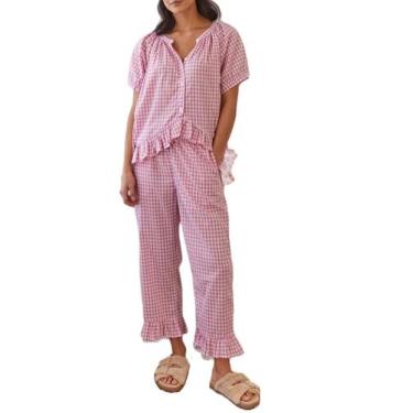 Imagem de Conjunto de pijamas femininos Argeousgor, roupa de dormir xadrez com b