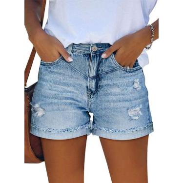 Imagem de Apenas shorts jeans com corte folhado e cintura alta para mulheres, az
