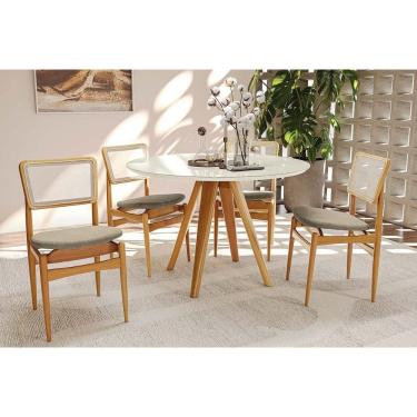 Imagem de Conjunto Sala de Jantar Duna Premium Madeira Maciça c/ Tampo Madeirado c/ Vidro 120x120cm e 4 Cadeiras Stela Carvalho/Off White - Boucle Bege Fendi-Ka