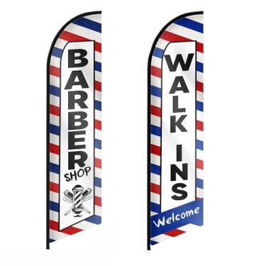 Imagem de Bandeira de penas - Placa de barbearia - Bandeira Swooper para publicidade comercial, placa de barbeiro - Bandeira de boas-vindas Walk Ins 3,7 m x 0,8 m vermelho azul branco, pacote com 2 (mastro não