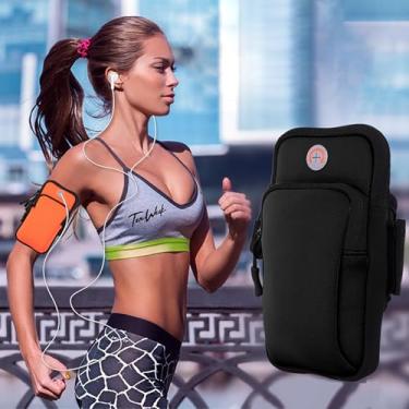 Imagem de Bolsa de braço esportiva para corrida, academia universal, braçadeira esportiva com orifício para fone de ouvido multifuncional, uso para corrida, caminhada, caminhada e ciclismo, Preto, Moda