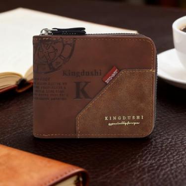 Imagem de Carteira masculina macia de poliuretano para uso diário, 2 bolsos com zíper, 1 compartimento para dinheiro, 4 compartimentos para cartão para uso diário, trabalho, viagens, Marrom, small, Casual