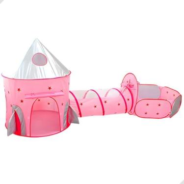 Imagem de Barraca Infantil 3 em 1 com Toca Foguete, Túnel e Piscina com Cesta de Basquete | Cabana Infantil Meninas e Meninos para Diversão e Aventura em Casa ou Jardim (Rosa)