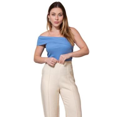 Imagem de Blusa Feminina Canelada de Um Ombro Só com Pala - Maranne, Azul, G