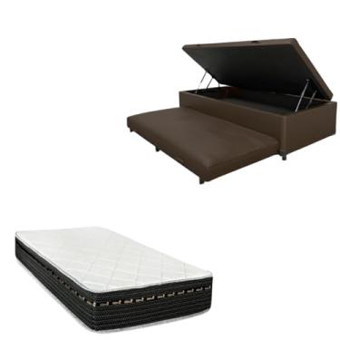 Imagem de Cama Box Baú Solteiro com Auxiliar (Bicama) + Colchão Eagle Molas Bonnel 22cm | Kit Completo com Cabeceira Botonê Opcional | Diversas Cores (2, CORINO MARROM, SEM CABECEIRA)