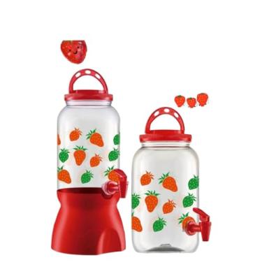 Imagem de Dispensador de sumo em plástico transparente de grande capacidade, 3,5 litros, com suporte e torneira Para cozinha, churrascos e festas(kit 2 suqueira morango)