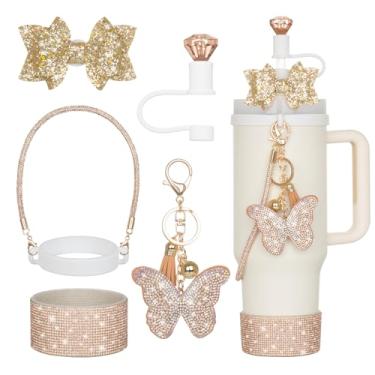Imagem de Rabrgab 6 peças de acessórios de copo Stanley dourado com alça brilhante, tampa de cobertura de palha de diamante, laço brilhante, bota de diamante, pingentes de borboleta brilhante para copo de