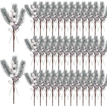 Imagem de 40 Pçs Palhetas Florais de Natal Artificiais Palhetas Brancas Falsas Ramos de Pinheiro com Pinhas Folhas de Azevinho para Vaso Arranjo Floral Guirlanda Inverno Férias Decoração Artesanato