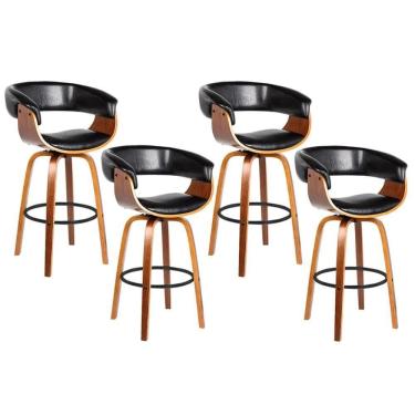 Imagem de Kit 4 Banquetas Giratória Alta Com Encosto Base Madeira Ravi R02 Sintético Preto - Mpozenato