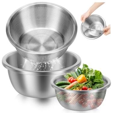 Imagem de Conjunto de 3 peças de escorredor e tigela, lavador de arroz microporoso de aço inoxidável para salada, legumes, arroz, macarrão, preparação de refeições, pode ser lavado na lava-louças