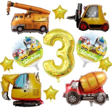 Imagem de 12Pcs Construction Theme Balloons with Number 3 - Dump Truck, Forklift, Excavator, Mixer Truck, Crane Vehicle & 4 Star Foil Balloons for Kids Party Supplies