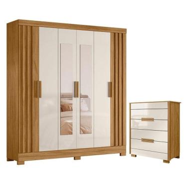 Imagem de Guarda Roupa Casal Valença Com Espelho E Cômoda Dhara Freijó Off White - Moval