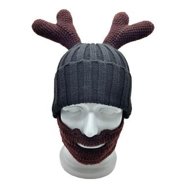 Imagem de Gorro de malha, chifre de rena e barba para adultos - yiweisai