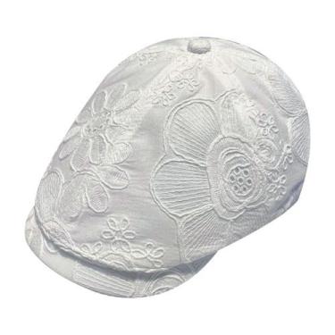 Imagem de Boné plano unissex ajustável branco com bordado floral - Yiweisai