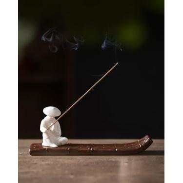 Imagem de TEAVOR Suporte de incenso de cerâmica com apanhador de cinzas - Samurai de Kung Fu em jangada de bambu, decoração de casa chinesa e japonesa para meditação, spa, ioga