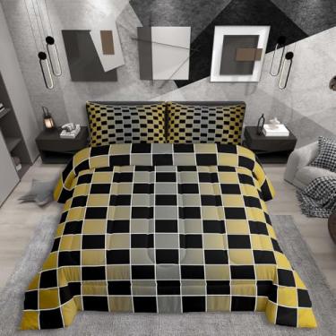 Imagem de Erosebridal Jogo de cama geométrico, xadrez, amarelo, cinza, ombré, para adultos, homens e mulheres, edredom quadriculado, preto, gradiente