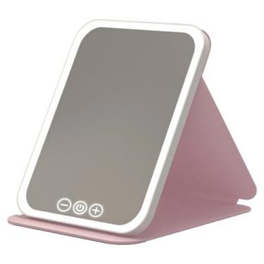 Imagem de Espelho de maquiagem rosa para viagem com controle de toque, dobrável, recarregável tipo C, luzes LED reguláveis