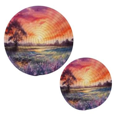 Imagem de Blueangle 2 peças do pôr do sol em um suporte de panela roxo - conjunto de pegadores de panela de tecido redondo - almofadas quentes trançadas de algodão - porta-copos - tapetes de mesa para cozinhar