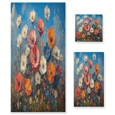 Imagem de ATTX Conjunto de toalhas de banho com pintura a óleo de flores silvestres de 3 peças - Ultra macio e de secagem rápida, toalhas de mão absorventes de grau de hotel e spa para banheiro #314