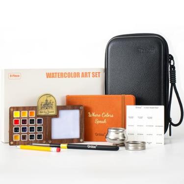 Imagem de Mini conjunto de tinta aquarela - 15 cores de artistas em paleta de nogueira sólida com caderno de esboços 100% algodão, pincel de água e bolsa de viagem de couro PU | Kit de arte de presente portátil