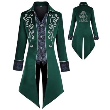 Imagem de KDAFJLKD Medieval Clothing Men's Costumes Steampunk Jacket, Victorian Gothic Tailcoat, Halloween Pirate Vampire Costumes (Green, 3X-Large)