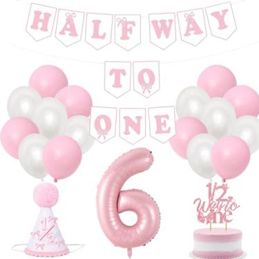 Imagem de Half Birthday Decorations Banner Kit - 20 Pcs Pink 1/2 Year Birthday Hat Banner Cake Toppers Balloons Photo Props For Baby Girls 6 Months Party Table Sign Deocr Supplies
