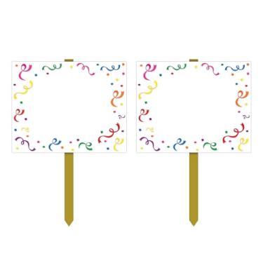 Imagem de Beistle Placas de jardim "em branco" – Pacote com 2 quadros de mensagens de festa dupla face com confetes coloridos e borda serpentina em estaca de madeira de 61 cm, decorações de gramado