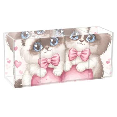 Imagem de TSENQUE Porta-lápis de mesa romântico com gatos gêmeos, corações e corações engraçados, suporte de caneta, porta-canetas de acrílico para escritório