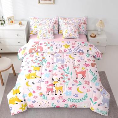Imagem de Erosebridal Conjunto de cama de veado para meninas, desenho animado de rena, 3 para crianças, mulheres, conjunto de edredom de folhas de flores kawaii, tamanho casal (edredom + lençol de cima + 2
