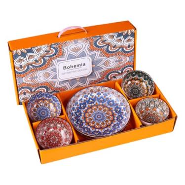 Imagem de GNMDNR Conjunto de louça de cerâmica boêmia, 4 tigelas de sopa, 2 pratos, seguro para lava-louças e micro-ondas, ideal para salada, macarrão, arroz, aveia e frutas, essenciais de cozinha perfeitos