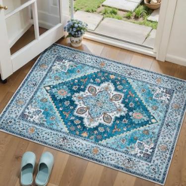 Imagem de Tangsoo Tapete lavável azul 2x3 para entrada, tapete vintage antiderrapante para pequena área, tapete para porta da frente interna, tapete pequeno com estampa, tapetes macios de pelo baixo para