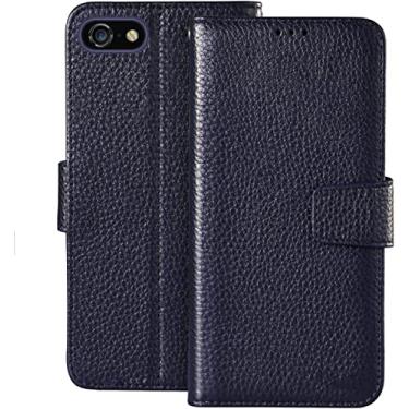 Imagem de TIOYW Capa carteira para iPhone SE 2022 / SE 3 /SE 2020/8 / 7 fechos magnéticos de couro genuíno premium flip capa de telefone com 3 slots de cartão em pé (cor: azul)