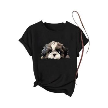 Imagem de Camiseta Feminina De Manga Curta De Verão Com Estampa De Gato Shih Tzu