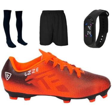 Imagem de Chuteira Campo Costurada + Short + Meião + Relógio - A7, Laranja, 41