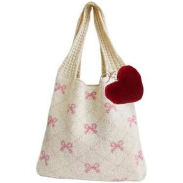 Imagem de Pokn Bolsa de crochê de coração linda bolsa feminina chaveiro fofo acessórios Y2K bolsas estéticas para dia dos namorados para mulheres, Laço - rosa bebê, Medium