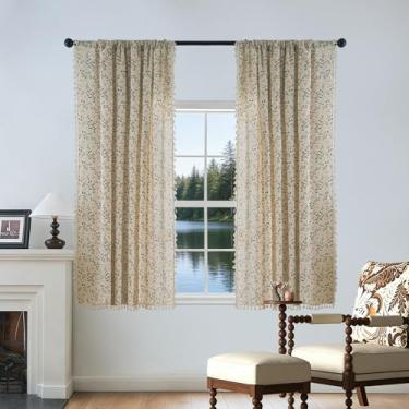 Imagem de Cortinas Boho Bege 153 cm de comprimento, 2 painéis, cortinas coloridas de outono com estampa floral, bolso para varão, mistura de linho rústico, boêmio, casa de fazenda, sala de estar, cortinas de