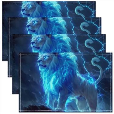 Imagem de Jogo americano Lightning Lion Blue Neon Light Wild Animal Tapetes de mesa para crianças, adolescentes e adultos, animais selvagens, modernos, tapetes de cozinha para mesa de jantar, 30 x 45 cm