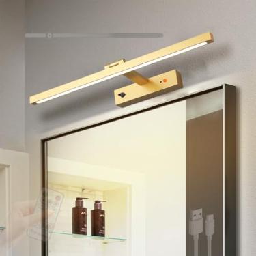 Imagem de GZZBMY Luz de Espelho LED Banheiro Lâmpadas de Parede Recarregáveis com Controle Remoto Brilho Ajustável Iluminação de Parede 180° Rotação Iluminação de Imagem Penteadeira (Luz Neutra Dourada, 40 cm)