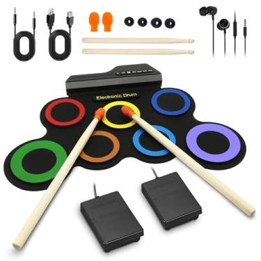 Imagem de BESFAN Conjunto de bateria eletrônica portátil – 7 pads para prática de bateria com pedais e bastão, fone de ouvido, kit de bateria para crianças e adultos, ótimo presente de Natal e aniversário