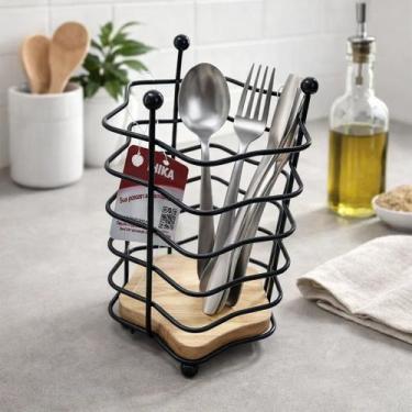 Imagem de Suporte Talheres Seca Escorredor Colher Garfo Faca Preto Madeira Organ