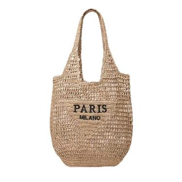 Imagem de SUANNI Bolsas de praia de palha para mulheres, bolsa grande de tecido, bolsa de ombro de verão, bolsa Hobo para férias, bolsa casual de viagem, Caqui, Large