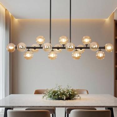 Imagem de PiWWPi Lustres lineares grandes para sala de jantar ilha de cozinha, luminária longa de 139,7 cm sobre mesa, lustre de casa de fazenda Sputnik moderno de 16 luzes, bolha preta e âmbar, GC-08