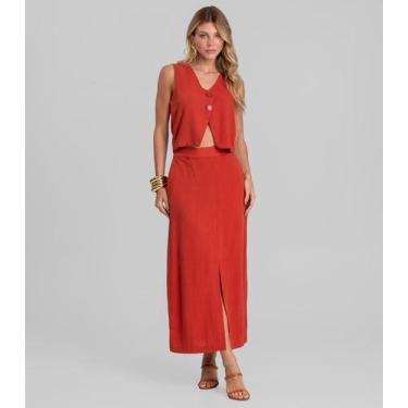 Imagem de Saia Midi Em Tecido Linho Dianna Laranja, PP, Laranja