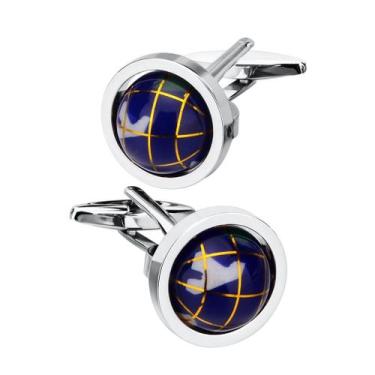 Imagem de Cufflinks Blue Globe com grade dourada giratória para homens - yiweisa