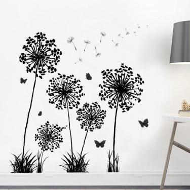 Imagem de Adesivo de parede preto com silhueta de dente-de-leão e borboleta 29x9
