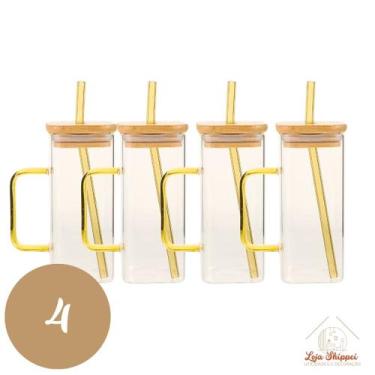 Imagem de Copo de Vidro Quadrado 350ml com Alça e Tampa Bambu e Canudo - TOP ÚTI