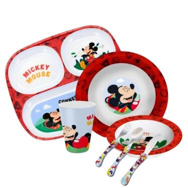 Imagem de Jogo de Refeição Infantil Disney em Melamina 7 Peças com Talheres Inox Minnie Mickey Pr...