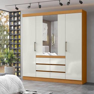 Imagem de Guarda-Roupa Casal Medina 4 Portas 6 Gavetas com Espelho Cinamomo/Off White - Mx Móveis