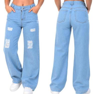 Imagem de Calça Jeans Pantalona Feminina Wide Leg Juvenil Estilosa confortavel T