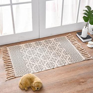 Imagem de Tapete tecido à mão com borlas tapete de banho lavável boêmio cozinha corredor tapete de entrada de algodão casa de fazenda para quarto, tapete de decoração de lavanderia 61 x 129 cm